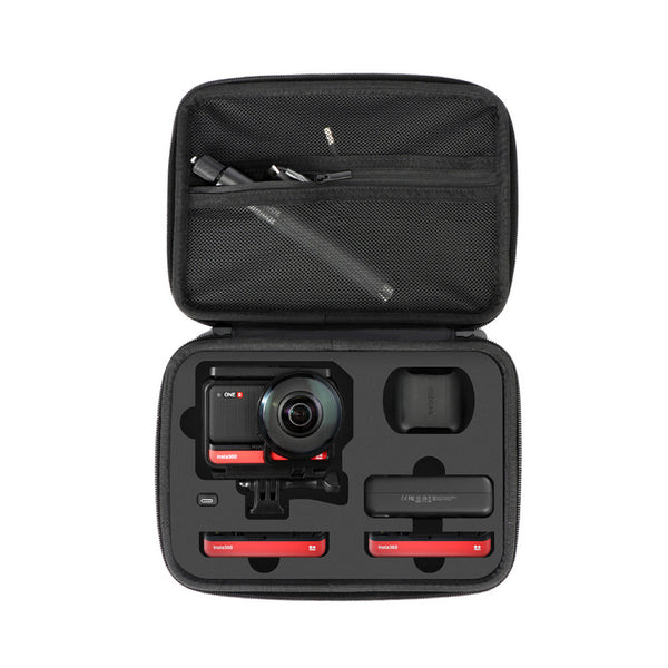 Dark gray rectangular sports camera bag with a black zipper and two pulls, designed for outdoor camera accessories.