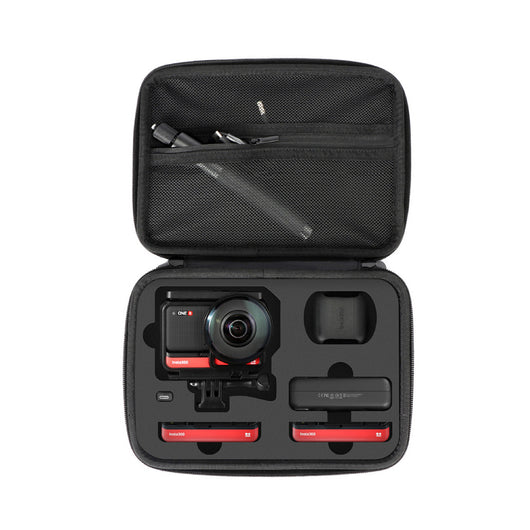 Dark gray rectangular sports camera bag with a black zipper and two pulls, designed for outdoor camera accessories.