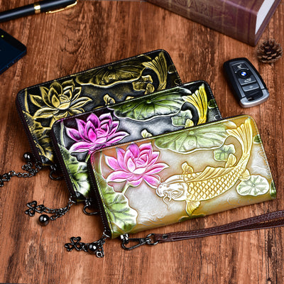 Billetera Mujer Cuero Genuino Vintage con Grabado de Peces - Image 9