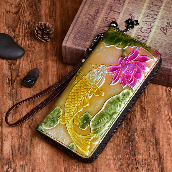 Billetera Mujer Cuero Genuino Vintage con Grabado de Peces