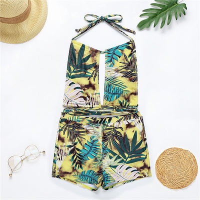 Two-piece bikini with green tropical leaf print, halter top, and high-waisted boxer shorts on a white background. - Image 20