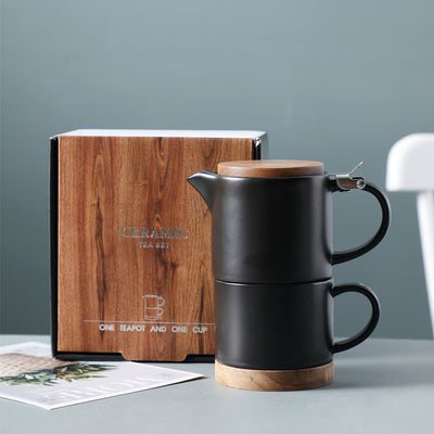 Juego de Tetera y Tazas Cerámica con Tapa de Madera Nórdica