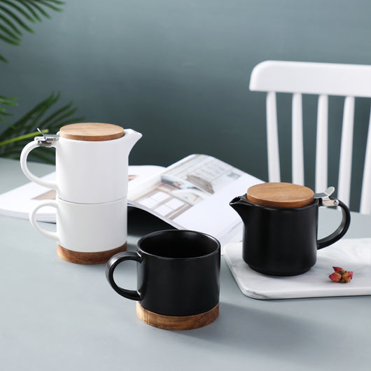 Juego de Tetera y Tazas Cerámica con Tapa de Madera Nórdica - Image 3