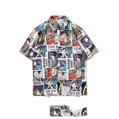 Camisa Retro Japonesa Wukong Estampado Completo Manga Corta para Hombre - Image 7