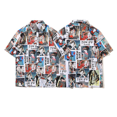 Camisa Retro Japonesa Wukong Estampado Completo Manga Corta para Hombre - Image 8
