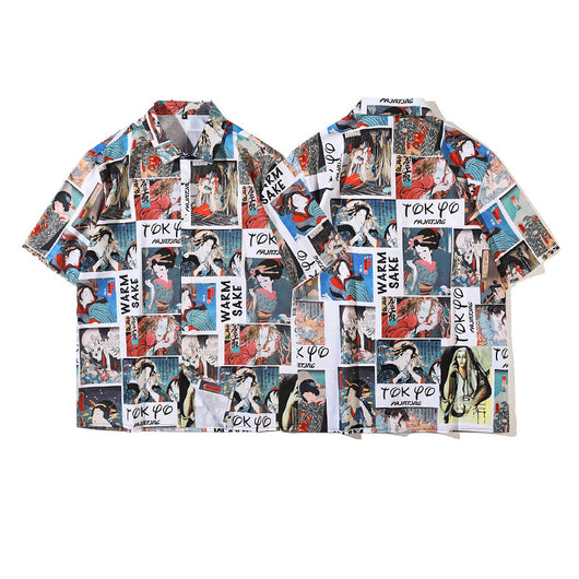 Camisa Retro Japonesa Wukong Estampado Completo Manga Corta para Hombre - Image 4