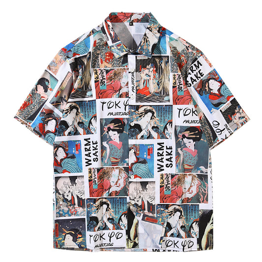 Camisa Retro Japonesa Wukong Estampado Completo Manga Corta para Hombre