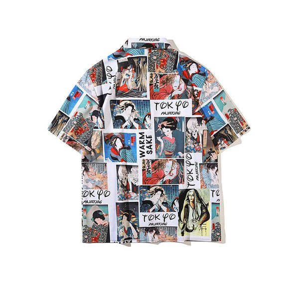 Camisa Retro Japonesa Wukong Estampado Completo Manga Corta para Hombre