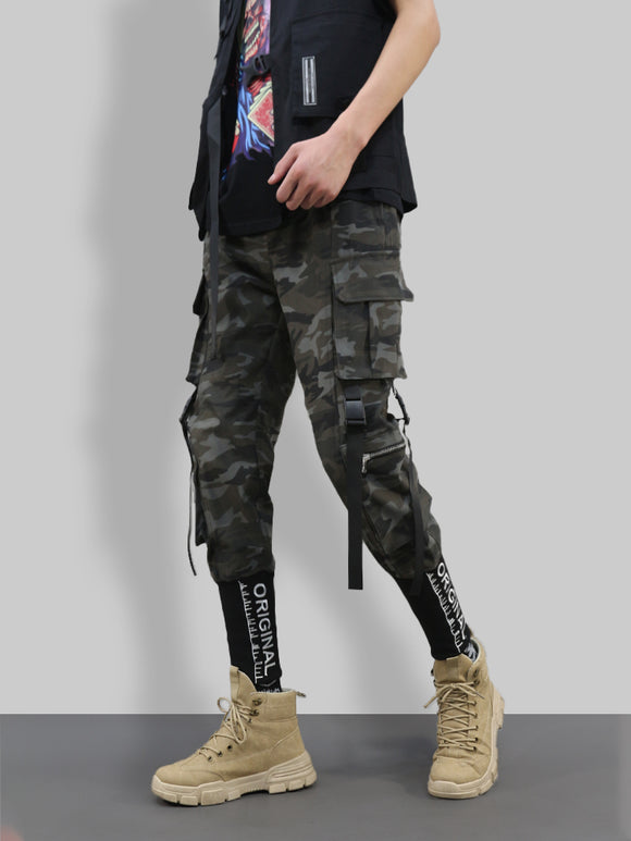 Macacão Masculino Streamer Solto Bordado Com Vários Bolsos Estilo Urbano