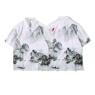 Camisa Retro Estilo Chino Estampado Completo Manga Corta para Hombre - Image 10