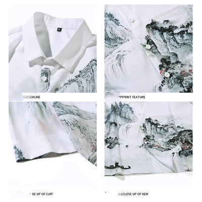 Camisa Retro Estilo Chino Estampado Completo Manga Corta para Hombre - Image 11