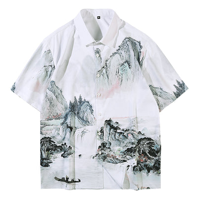 Camisa Retro Estilo Chino Estampado Completo Manga Corta para Hombre - Image 4