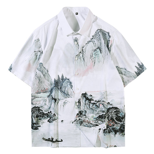 Camisa Retro Estilo Chino Estampado Completo Manga Corta para Hombre - Image 4