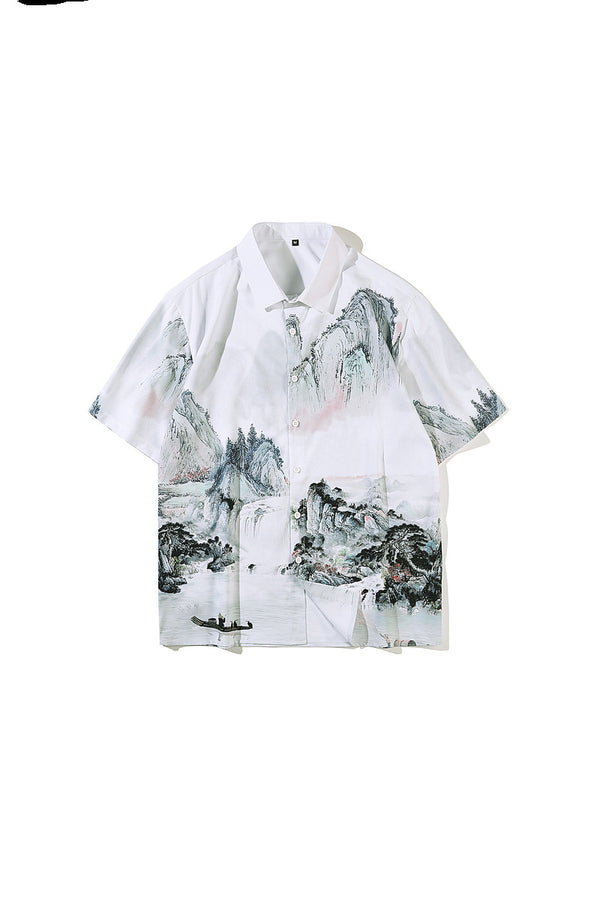 Camisa Retro Estilo Chino Estampado Completo Manga Corta para Hombre
