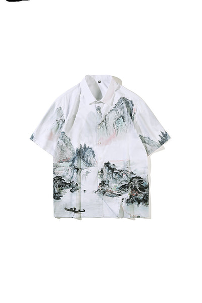 Camisa Retro Estilo Chino Estampado Completo Manga Corta para Hombre