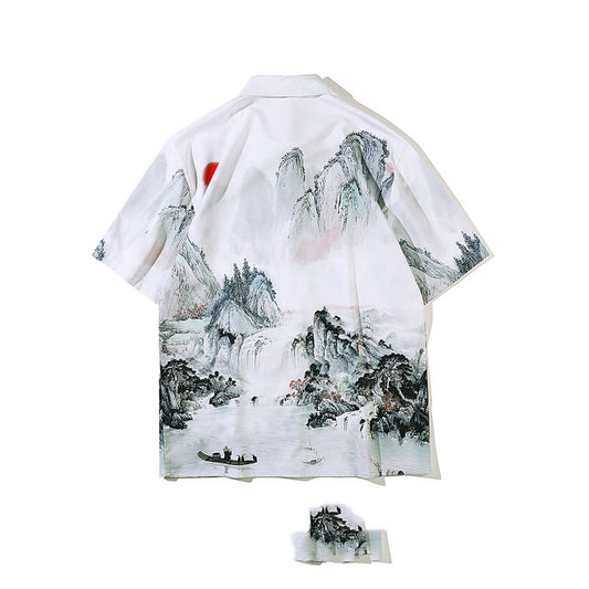 Camisa Retro Estilo Chino Estampado Completo Manga Corta para Hombre - Image 2