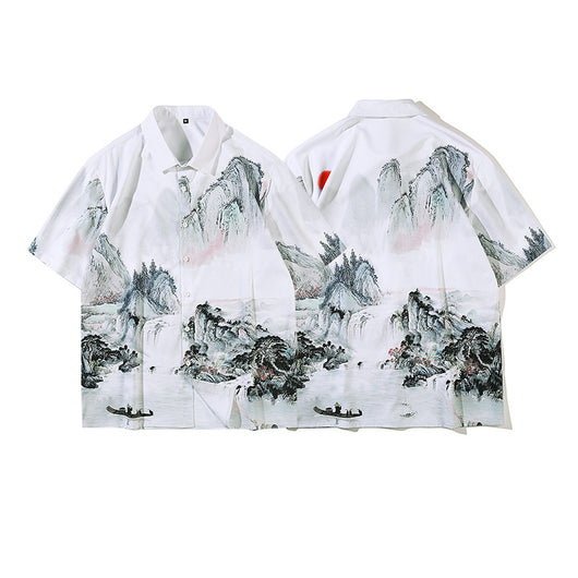 Camisa Retro Estilo Chino Estampado Completo Manga Corta para Hombre - Image 5