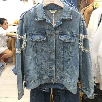 Chaqueta Denim Oversized con Perlas Bordadas - Estilo Coreano Tendencia