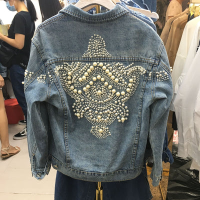 Chaqueta Denim Oversized con Perlas Bordadas - Estilo Coreano Tendencia - Image 2