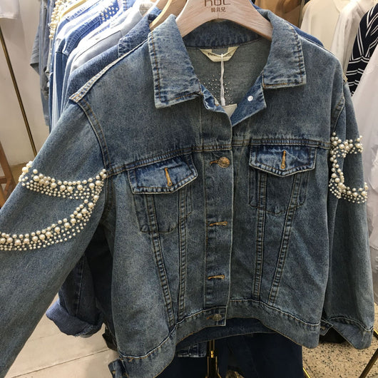 Chaqueta Denim Oversized con Perlas Bordadas - Estilo Coreano Tendencia - Image 3
