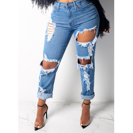 Pantalón Vaquero Mujer Primavera Diseño Rotos Elástico Moda Europea
