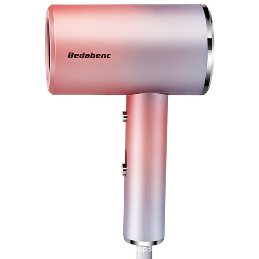 Mini negative ion hair dryer with a pink to purple gradient finish and silver accents, featuring a compact T-shape. - Image 15