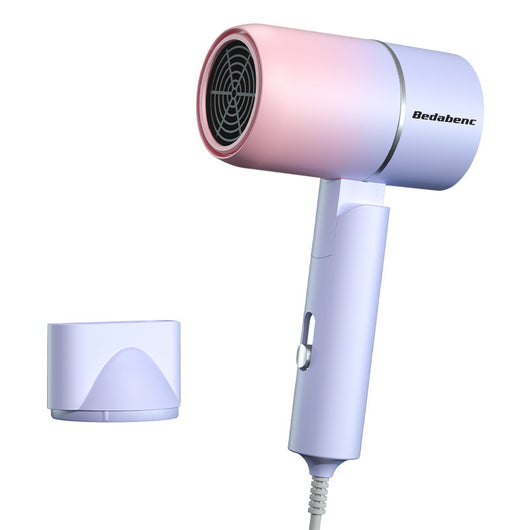 Mini negative ion hair dryer with a pink to purple gradient finish and silver accents, featuring a compact T-shape. - Image 16