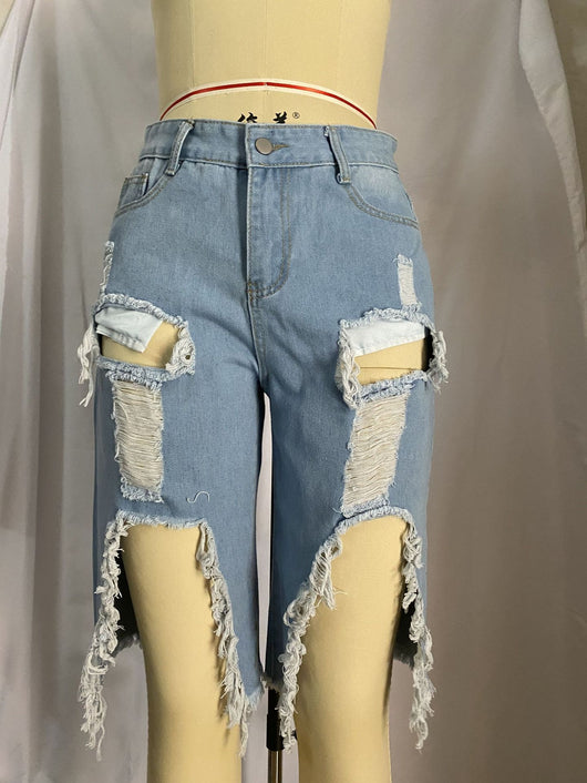 Shorts de Mezclilla Rotos Corte Recto Suelto - Image 12
