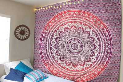 Black and white Indian Mandala tapestry wall hanging with intricate bohemian patterns, displayed in a bedroom. - Image 5
