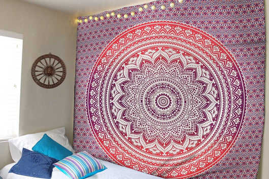 Black and white Indian Mandala tapestry wall hanging with intricate bohemian patterns, displayed in a bedroom. - Image 5