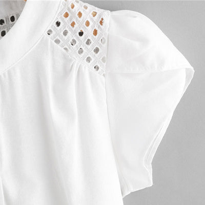 Blusa Manga Corta con Costura Hueca Cuello Redondo para Mujer - Image 7