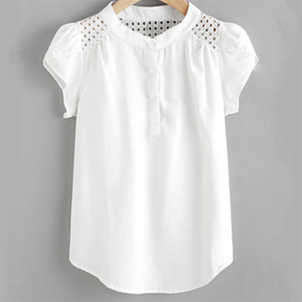 Blusa Manga Corta con Costura Hueca Cuello Redondo para Mujer