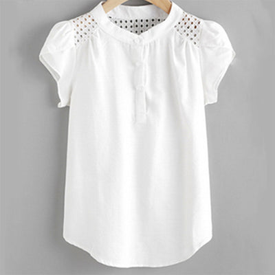Blusa Manga Corta con Costura Hueca Cuello Redondo para Mujer
