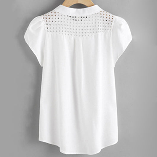 Blusa Manga Corta con Costura Hueca Cuello Redondo para Mujer - Image 5