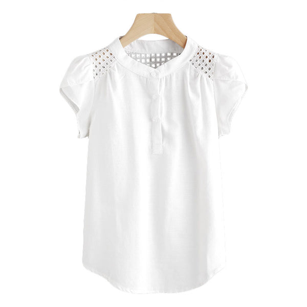 Blusa Manga Corta con Costura Hueca Cuello Redondo para Mujer