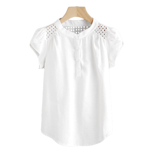 Blusa Manga Corta con Costura Hueca Cuello Redondo para Mujer - Image 2