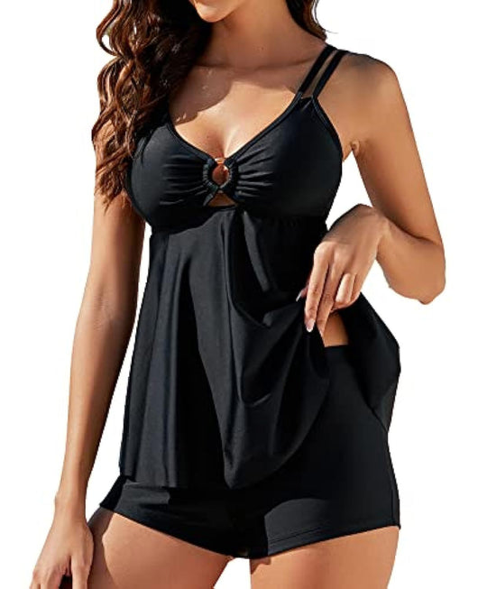 Women's plus size two-piece swimsuit with a red floral print tankini top and black boxer swim shorts. - Image 6