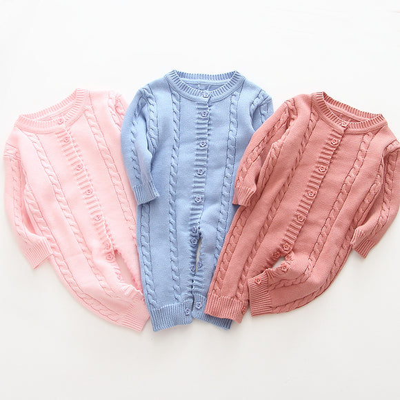 Knitted Bodysuit for Baby Girls, Spring Autumn Winter - Long Sleeve Cotton Jumpsuit