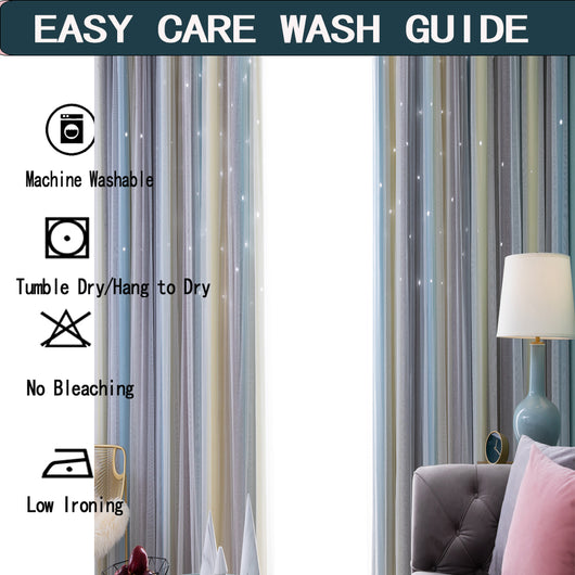 Rainbow gradient curtains with blue, yellow, and grey stripes, featuring star cutouts on a sheer overlay. - Image 6