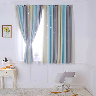 Rainbow gradient curtains with blue, yellow, and grey stripes, featuring star cutouts on a sheer overlay. - Image 8