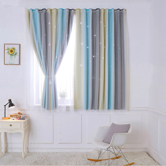Rainbow gradient curtains with blue, yellow, and grey stripes, featuring star cutouts on a sheer overlay. - Image 8