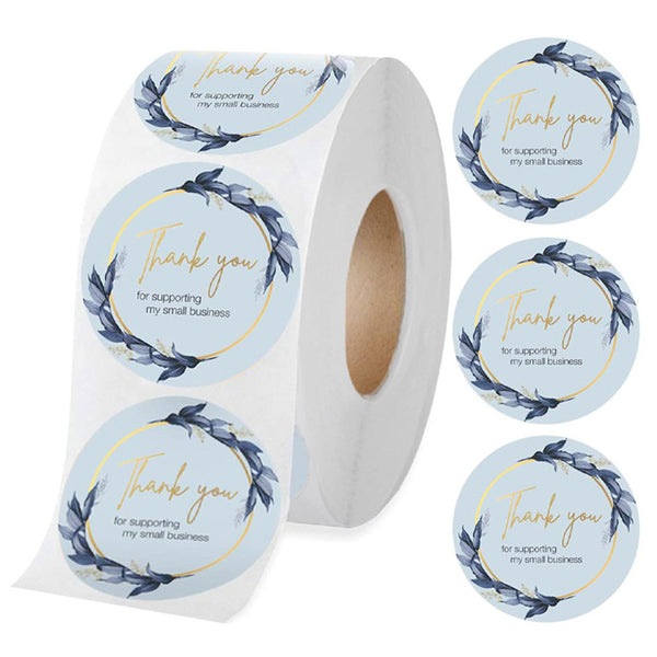 Roll of round 'Thank You for supporting my small business' stickers with a blue floral wreath design.