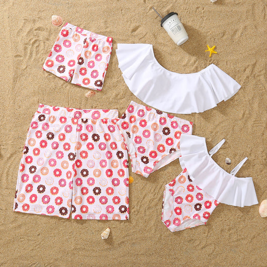 Family matching donut print swimsuits including men's shorts, boy's trunks, women's off-shoulder bikini, and girl's one-piece. - Image 12