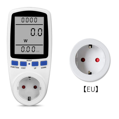 White digital power meter with an LCD screen displaying wattage and cost, featuring blue control buttons and a UK Type G plug socket. - Image 8