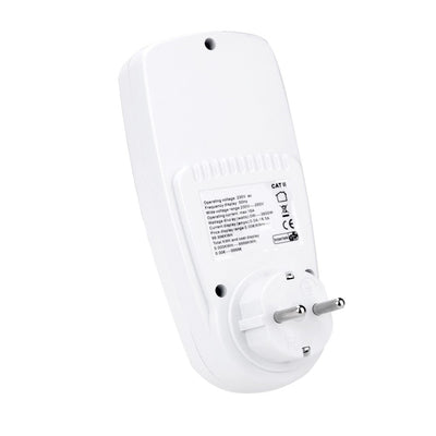 White digital power meter with an LCD screen displaying wattage and cost, featuring blue control buttons and a UK Type G plug socket. - Image 7