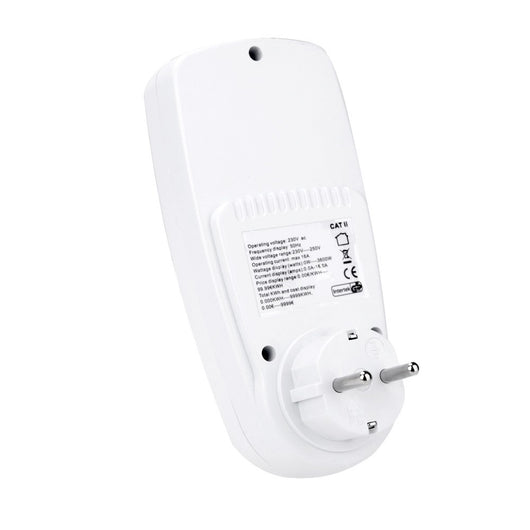 White digital power meter with an LCD screen displaying wattage and cost, featuring blue control buttons and a UK Type G plug socket. - Image 7
