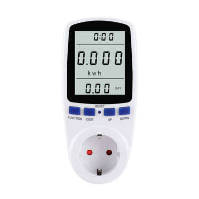 White digital power meter with an LCD screen displaying wattage and cost, featuring blue control buttons and a UK Type G plug socket. - Image 10