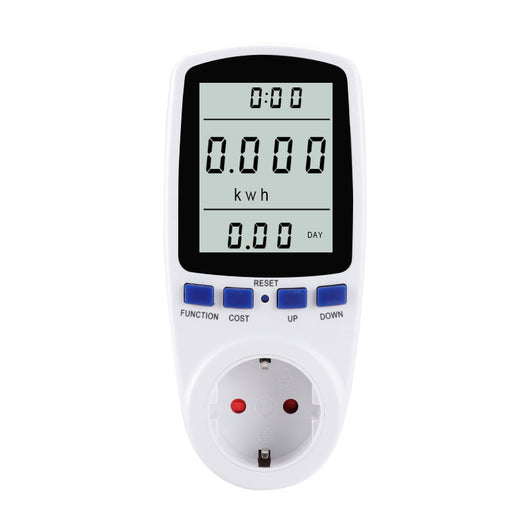 White digital power meter with an LCD screen displaying wattage and cost, featuring blue control buttons and a UK Type G plug socket. - Image 10