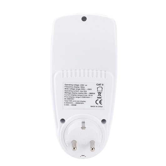White digital power meter with an LCD screen displaying wattage and cost, featuring blue control buttons and a UK Type G plug socket. - Image 11