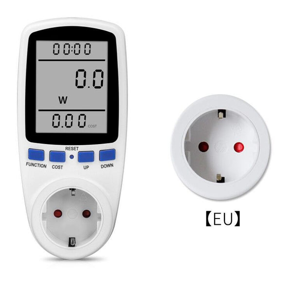 White digital power meter with an LCD screen displaying wattage and cost, featuring blue control buttons and a UK Type G plug socket.